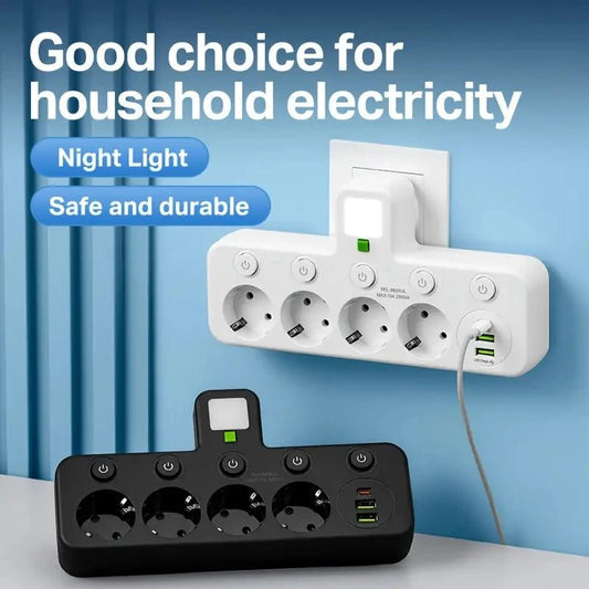 EU Plug Power Strip 4 AC Outlets 2 USB 1 Type - C Ports Two specifications Independent switch with small night light - 𝐝𝐮𝐯𝐥𝐚𝐬𝐡𝐨𝐩.𝐜𝐨𝐦