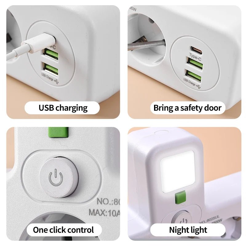 EU Plug Power Strip 4 AC Outlets 2 USB 1 Type - C Ports Two specifications Independent switch with small night light - 𝐝𝐮𝐯𝐥𝐚𝐬𝐡𝐨𝐩.𝐜𝐨𝐦