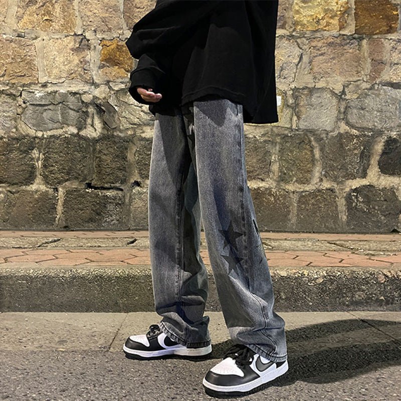 European and American high street Vibe pants Instagram trendy pentagram smoke gray jeans men's loose straight leg wide leg pants autumn and winter - 𝐝𝐮𝐯𝐥𝐚𝐬𝐡𝐨𝐩.𝐜𝐨𝐦