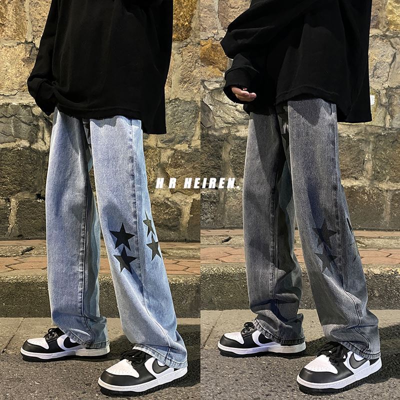 European and American high street Vibe pants Instagram trendy pentagram smoke gray jeans men's loose straight leg wide leg pants autumn and winter - 𝐝𝐮𝐯𝐥𝐚𝐬𝐡𝐨𝐩.𝐜𝐨𝐦