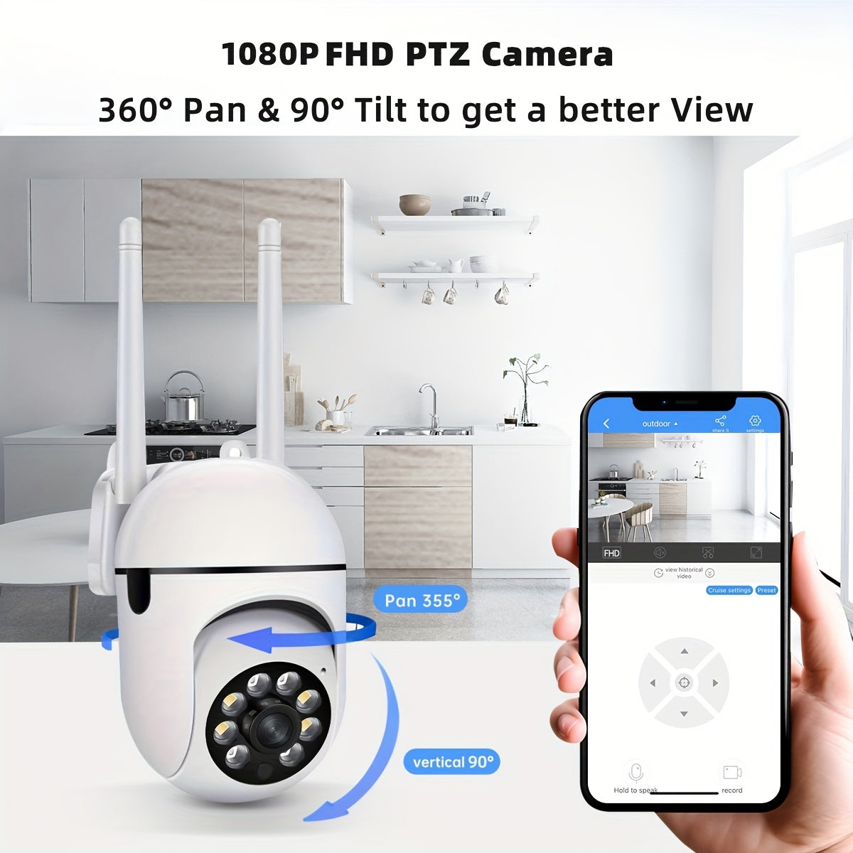 1pc JOOAN Smart Security Camera, Supports 1080P High Definition, 360° Panoramic View, Wireless Wifi, Dual Audio, PTZ (Pan/Tilt/Zoom), Night Vision, Motion Recording - Suitable for Indoor/Outdoor Use