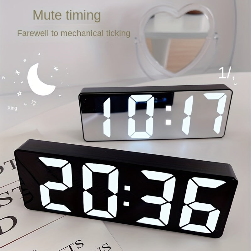 Modern LED Digital Clock with Adjustable Brightness, Date & Temperature Display - USB-Powered 12/24H Rectangular Bedroom Alarm Clock for Home Office Decor, Digital Display Clock | Contemporary Design | Durable Electronics, Al