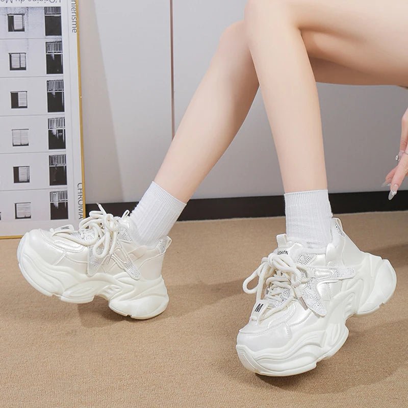 Fashion Chunky Platform Sneakers for Women 2026 Shiny Crystals Thick Bottom Dad Shoes Woman Lace Up Black White Vulcanizd Shoes - 𝐃𝐔𝐕𝐋𝐀𝐒𝐇𝐎𝐏