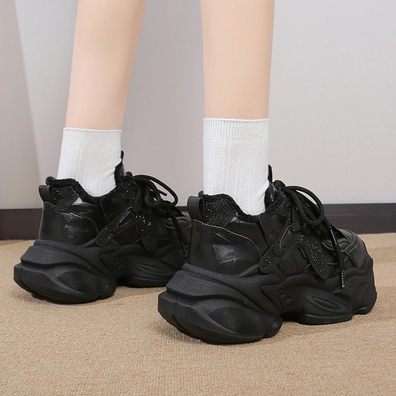 Fashion Chunky Platform Sneakers for Women 2026 Shiny Crystals Thick Bottom Dad Shoes Woman Lace Up Black White Vulcanizd Shoes - 𝐃𝐔𝐕𝐋𝐀𝐒𝐇𝐎𝐏