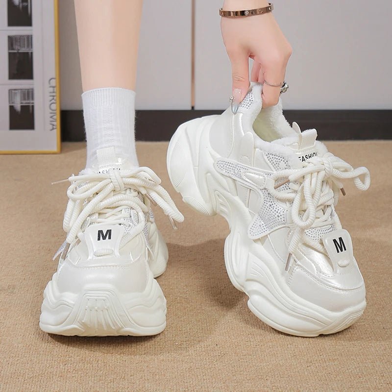 Fashion Chunky Platform Sneakers for Women 2026 Shiny Crystals Thick Bottom Dad Shoes Woman Lace Up Black White Vulcanizd Shoes - 𝐃𝐔𝐕𝐋𝐀𝐒𝐇𝐎𝐏