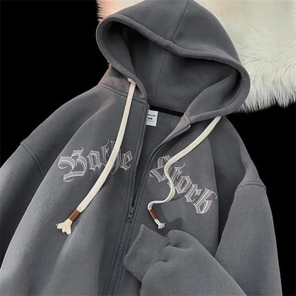 Hooded Cardigan Sweatshirt Men's Autumn Winter Letter Print Jacket Trendy Loose Couple Casual Student Zipper Coat - 𝐃𝐔𝐕𝐋𝐀𝐒𝐇𝐎𝐏