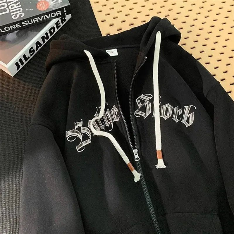 Hooded Cardigan Sweatshirt Men's Autumn Winter Letter Print Jacket Trendy Loose Couple Casual Student Zipper Coat - 𝐃𝐔𝐕𝐋𝐀𝐒𝐇𝐎𝐏