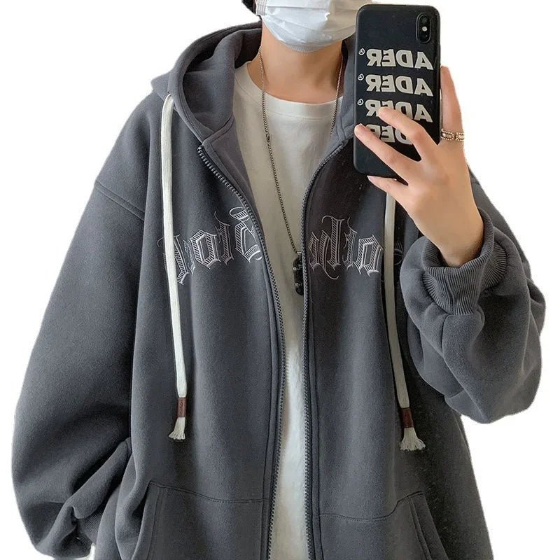 Hooded Cardigan Sweatshirt Men's Autumn Winter Letter Print Jacket Trendy Loose Couple Casual Student Zipper Coat - 𝐃𝐔𝐕𝐋𝐀𝐒𝐇𝐎𝐏
