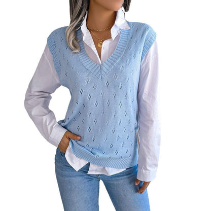 Ins Style Live Shot Autumn And Winter Casual Hollow V - Neck Knitted Vest Sweater - 𝐝𝐮𝐯𝐥𝐚𝐬𝐡𝐨𝐩.𝐜𝐨𝐦