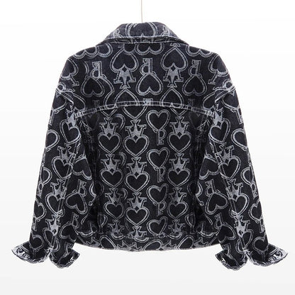 Jeans Jacket Women Heart Shaped Print Fashion Pocket Lapel Black Short Denim Jackets Female Spring Autumn Loose Jeans Coat - 𝐃𝐔𝐕𝐋𝐀𝐒𝐇𝐎𝐏