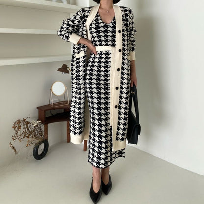 Korean Sweater Set Fashion Vintage Style V - Neck Long Knitted Sweater Coat + Houndstooth Vest Dress Female Two - Piece Suit - 𝐃𝐔𝐕𝐋𝐀𝐒𝐇𝐎𝐏