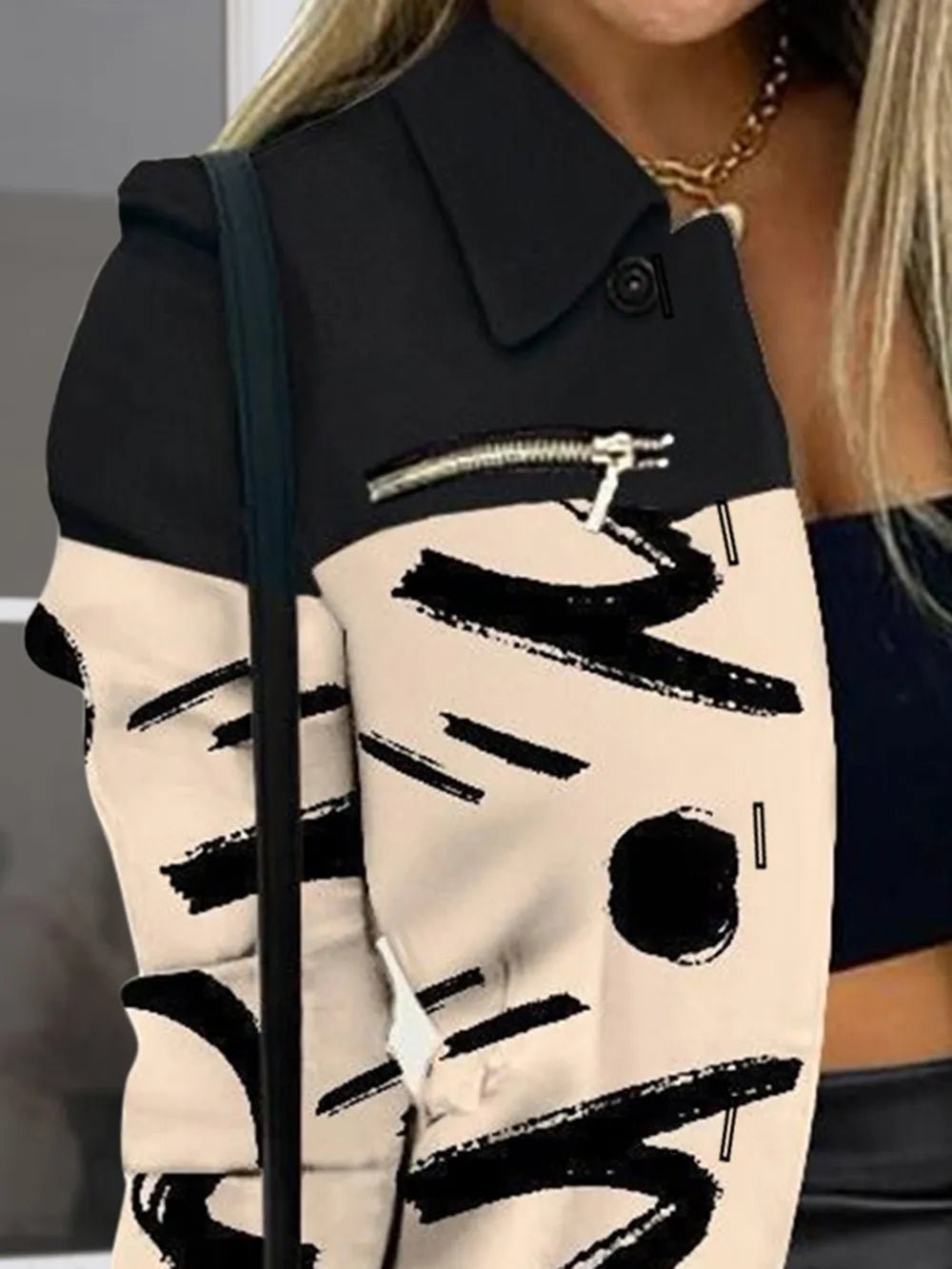 Long sleeved button color blocked printed lapel commuter suit for women - 𝐃𝐔𝐕𝐋𝐀𝐒𝐇𝐎𝐏