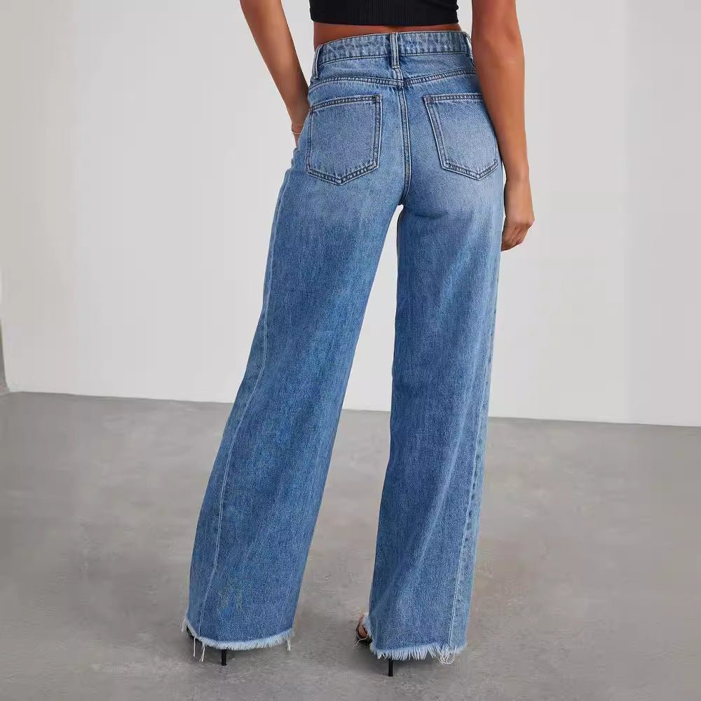 Loose wide leg side seam splicing, brushed hem denim jeans for women - 𝐝𝐮𝐯𝐥𝐚𝐬𝐡𝐨𝐩.𝐜𝐨𝐦