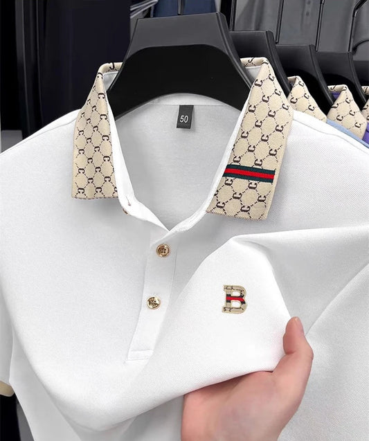 Luxury brand B letter embossed short sleeve polo shirt men summer lightweight breathable new fashion color blocked lapel T-shirt - 𝐝𝐮𝐯𝐥𝐚𝐬𝐡𝐨𝐩.𝐜𝐨𝐦