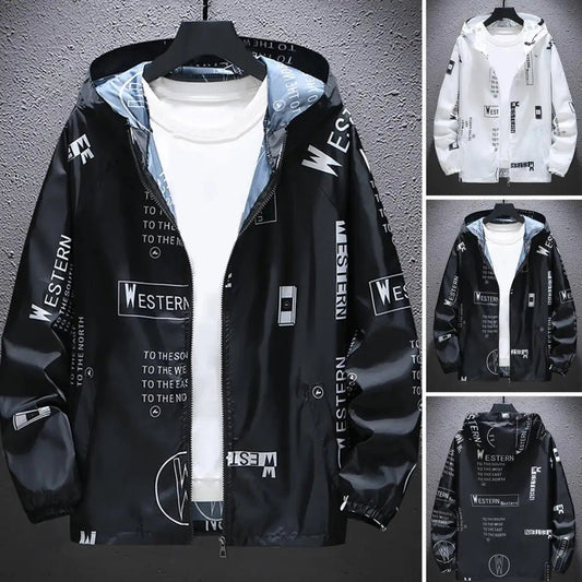 Men Windbreakers Hooded Jacket Zipper Closure Anti - UV Breathable Windproof Elastic Cuff Letter Print Cool Coat Male Outerwear - 𝐃𝐔𝐕𝐋𝐀𝐒𝐇𝐎𝐏