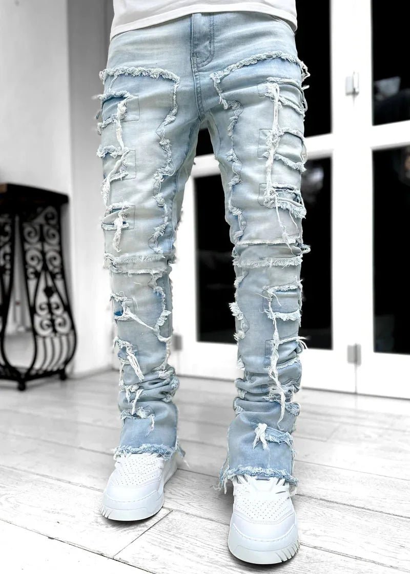 Men's Regular Fit Stacked Jeans Ripped Slim Fit Patch Distressed Destroyed Straight Denim Pants Hip Hop Streetwear Trouser Cloth - 𝐝𝐮𝐯𝐥𝐚𝐬𝐡𝐨𝐩.𝐜𝐨𝐦