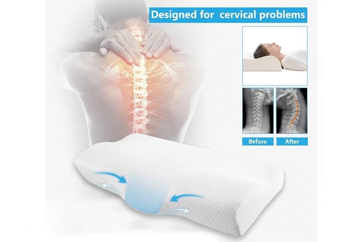 Oreiller cervical en mémoire de forme NEKRA™ par NeckRelief™, orthopédique et ergonomique pour soulagement immédiat.