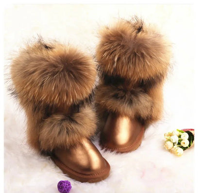 New Fashion Big Fox Fur Woman Snow Boots Lady Winter Boots Genuine Cowhide Leather Mid - calf Warm Boots Women Boots Shoes - 𝐝𝐮𝐯𝐥𝐚𝐬𝐡𝐨𝐩.𝐜𝐨𝐦