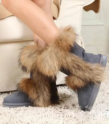 New Fashion Big Fox Fur Woman Snow Boots Lady Winter Boots Genuine Cowhide Leather Mid - calf Warm Boots Women Boots Shoes - 𝐝𝐮𝐯𝐥𝐚𝐬𝐡𝐨𝐩.𝐜𝐨𝐦