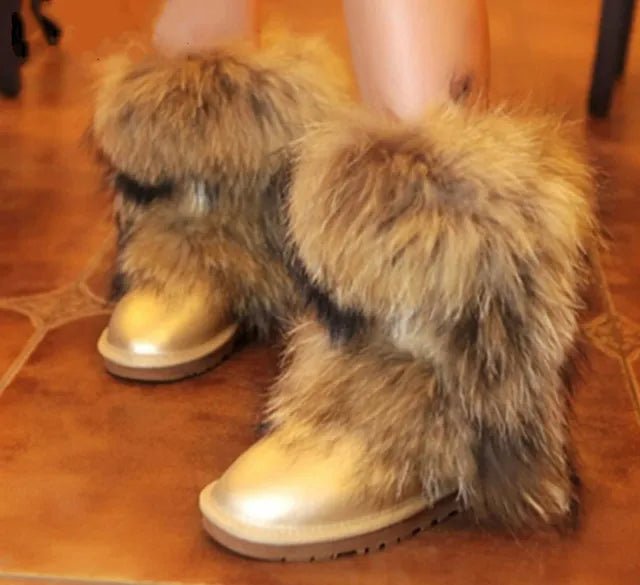 New Fashion Big Fox Fur Woman Snow Boots Lady Winter Boots Genuine Cowhide Leather Mid - calf Warm Boots Women Boots Shoes - 𝐝𝐮𝐯𝐥𝐚𝐬𝐡𝐨𝐩.𝐜𝐨𝐦