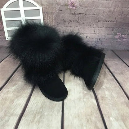 New Fashion Big Fox Fur Woman Snow Boots Lady Winter Boots Genuine Cowhide Leather Mid - calf Warm Boots Women Boots Shoes - 𝐝𝐮𝐯𝐥𝐚𝐬𝐡𝐨𝐩.𝐜𝐨𝐦