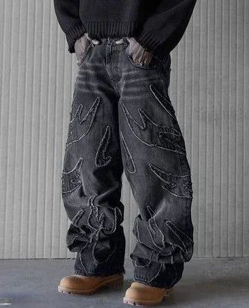 New Y2K Harajuku Retro Graphic Patch Jeans Hip Hop Gothic Raw Edge Embroidery Black Baggy Jeans Wide Leg Denim Pants Mens Womens - 𝐝𝐮𝐯𝐥𝐚𝐬𝐡𝐨𝐩.𝐜𝐨𝐦