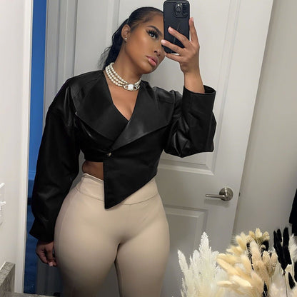 Open navel PU leather solid color casual jacket women's leather jacket - 𝐃𝐔𝐕𝐋𝐀𝐒𝐇𝐎𝐏