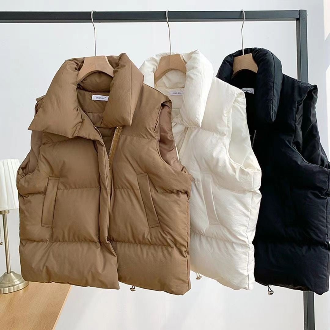 Padded Vest for Women, Korean Style, Loose Fit, Stand Collar Solid Color Spring and Autumn Fashion - 𝐃𝐔𝐕𝐋𝐀𝐒𝐇𝐎𝐏