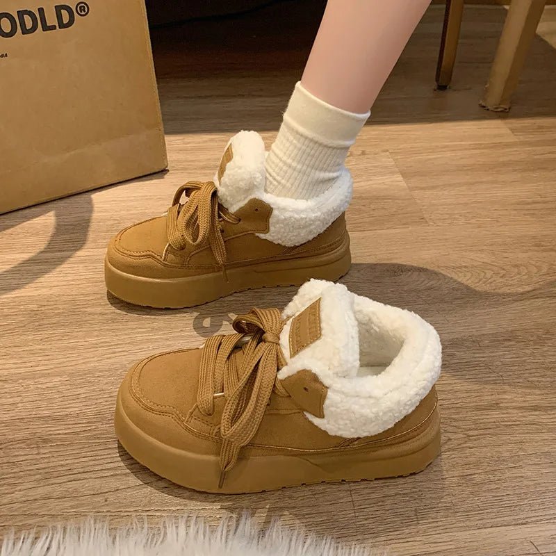 Platform Lace - Up Plush Cotton Shoes Women's Winter Outdoor Faux Fur Lined Thickened Anti - Slip Low Top Snow Boots Casual Sneakers - 𝐃𝐔𝐕𝐋𝐀𝐒𝐇𝐎𝐏