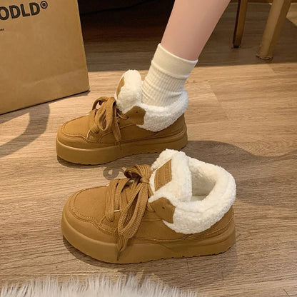 Platform Lace - Up Plush Cotton Shoes Women's Winter Outdoor Faux Fur Lined Thickened Anti - Slip Low Top Snow Boots Casual Sneakers - 𝐃𝐔𝐕𝐋𝐀𝐒𝐇𝐎𝐏