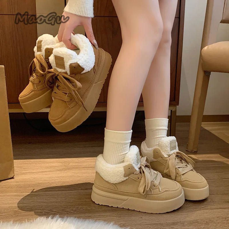 Platform Lace - Up Plush Cotton Shoes Women's Winter Outdoor Faux Fur Lined Thickened Anti - Slip Low Top Snow Boots Casual Sneakers - 𝐃𝐔𝐕𝐋𝐀𝐒𝐇𝐎𝐏