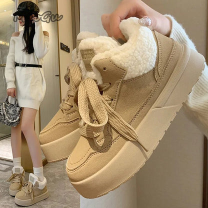 Platform Lace - Up Plush Cotton Shoes Women's Winter Outdoor Faux Fur Lined Thickened Anti - Slip Low Top Snow Boots Casual Sneakers - 𝐃𝐔𝐕𝐋𝐀𝐒𝐇𝐎𝐏