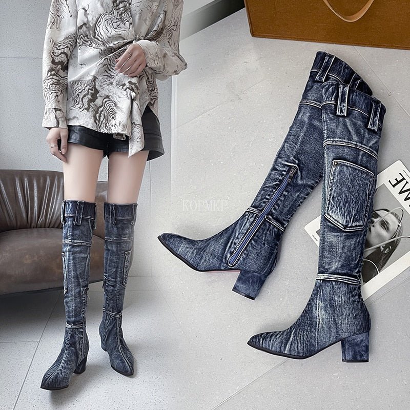 Sexy Jean Boots Women's Knee - High Boot Zipper 6CM High Heel Woman Stylish Jeans Boots Ladies Denim Boot Female Shoes Cowboy - 𝐝𝐮𝐯𝐥𝐚𝐬𝐡𝐨𝐩.𝐜𝐨𝐦