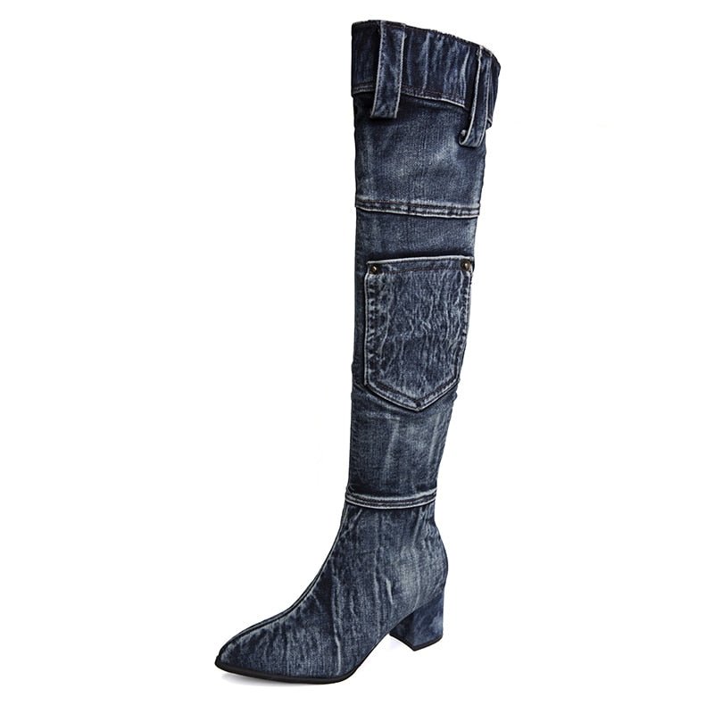 Sexy Jean Boots Women's Knee - High Boot Zipper 6CM High Heel Woman Stylish Jeans Boots Ladies Denim Boot Female Shoes Cowboy - 𝐝𝐮𝐯𝐥𝐚𝐬𝐡𝐨𝐩.𝐜𝐨𝐦