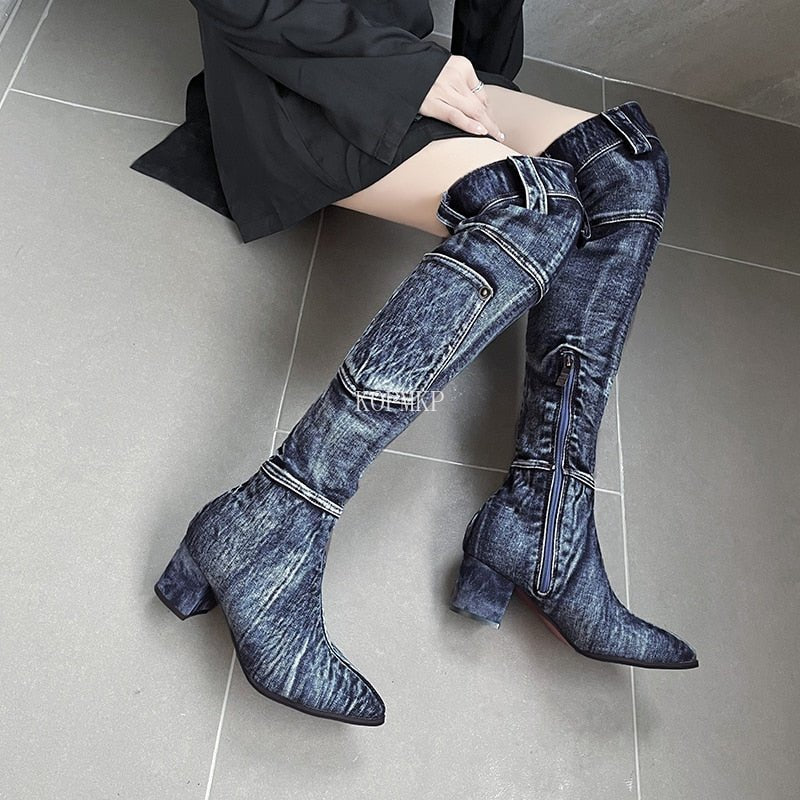 Sexy Jean Boots Women's Knee - High Boot Zipper 6CM High Heel Woman Stylish Jeans Boots Ladies Denim Boot Female Shoes Cowboy - 𝐝𝐮𝐯𝐥𝐚𝐬𝐡𝐨𝐩.𝐜𝐨𝐦