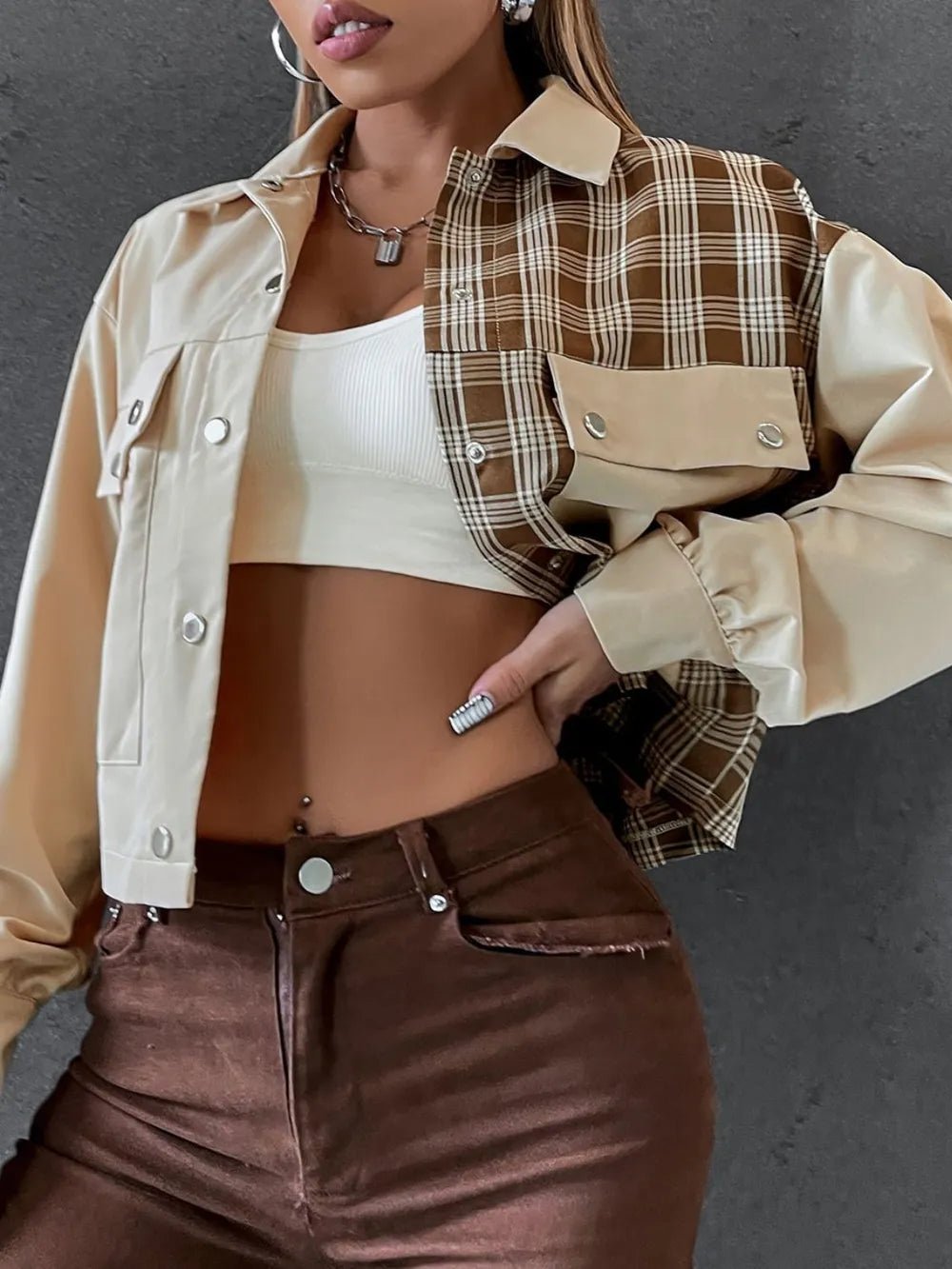 Snap Down Color Block Plaid Jacket - 𝐃𝐔𝐕𝐋𝐀𝐒𝐇𝐎𝐏