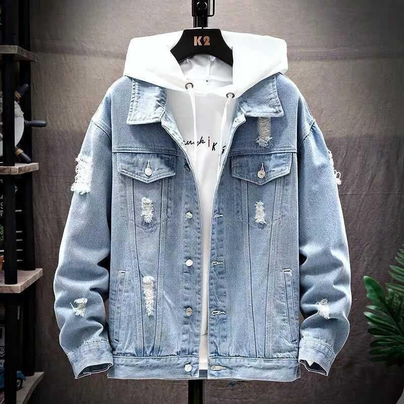 Spring and Autumn Fashion Casual Korean - Style Ripped Men's Denim Jacket, Washed Solid Color Denim Coat - 𝐃𝐔𝐕𝐋𝐀𝐒𝐇𝐎𝐏