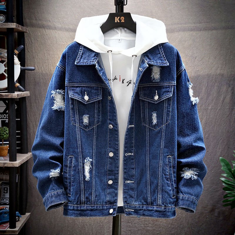 Spring and Autumn Fashion Casual Korean - Style Ripped Men's Denim Jacket, Washed Solid Color Denim Coat - 𝐃𝐔𝐕𝐋𝐀𝐒𝐇𝐎𝐏