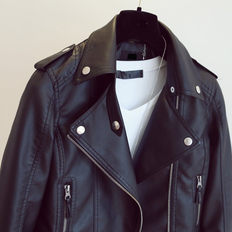 Spring and Autumn fashion women's slim fit lapel motorcycle leather jacket jacket - 𝐃𝐔𝐕𝐋𝐀𝐒𝐇𝐎𝐏