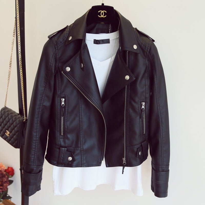 Spring and Autumn fashion women's slim fit lapel motorcycle leather jacket jacket - 𝐃𝐔𝐕𝐋𝐀𝐒𝐇𝐎𝐏