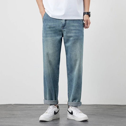 Summer Ice Silk LyocellTencel straight jeans men's light blue retro loose small straight tube elastic denim thin version pants - 𝐝𝐮𝐯𝐥𝐚𝐬𝐡𝐨𝐩.𝐜𝐨𝐦