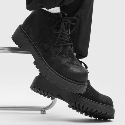 Unisex Height Increasing Leather Boots – Vintage Round Toe Lace - Up Thick Bottom Ankle Shoes for Fall Winter Daily Wear - 𝐃𝐔𝐕𝐋𝐀𝐒𝐇𝐎𝐏