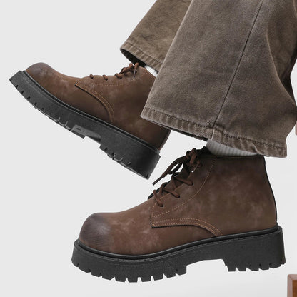 Unisex Height Increasing Leather Boots – Vintage Round Toe Lace - Up Thick Bottom Ankle Shoes for Fall Winter Daily Wear - 𝐃𝐔𝐕𝐋𝐀𝐒𝐇𝐎𝐏