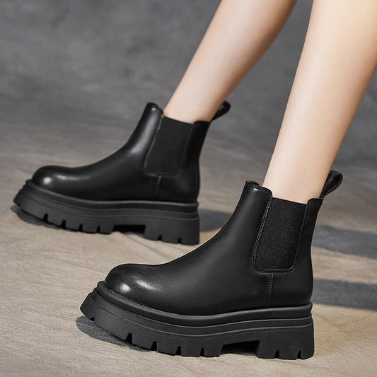 Women Ankle Boots Thick High Heels Genuine Leather Splicing Shoes Woman Autumn Winter Leisure Casual Outdoor - 𝐝𝐮𝐯𝐥𝐚𝐬𝐡𝐨𝐩.𝐜𝐨𝐦