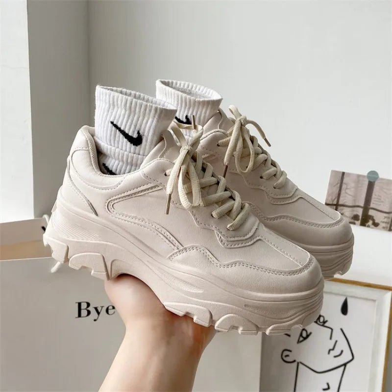 Women Leather Flat Shoes Autumn Fashion Lace Up Casual Fashion Thick Soled Breathable Inner Heightening Round Toe White Sneakers - 𝐃𝐔𝐕𝐋𝐀𝐒𝐇𝐎𝐏