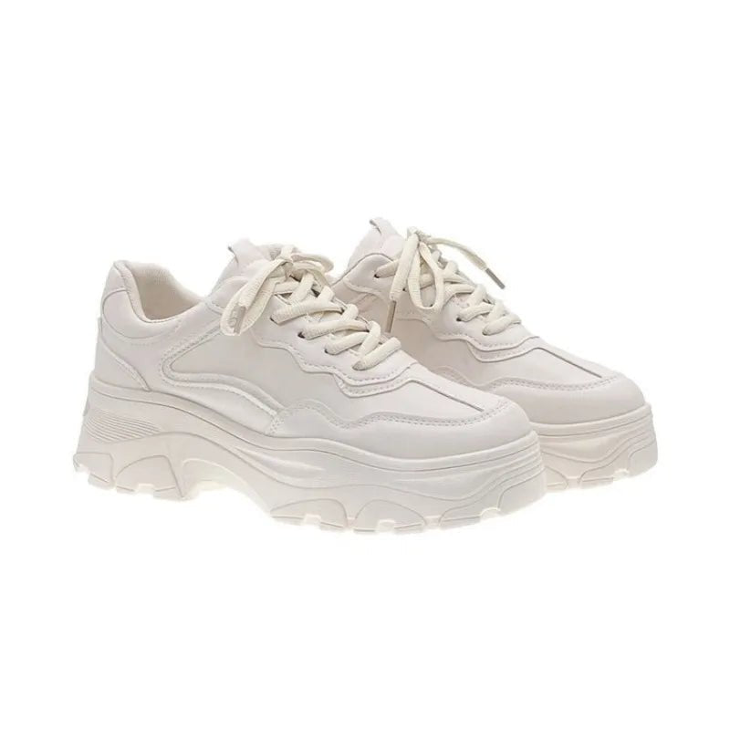 Women Leather Flat Shoes Autumn Fashion Lace Up Casual Fashion Thick Soled Breathable Inner Heightening Round Toe White Sneakers - 𝐃𝐔𝐕𝐋𝐀𝐒𝐇𝐎𝐏