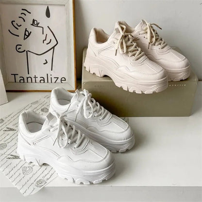 Women Leather Flat Shoes Autumn Fashion Lace Up Casual Fashion Thick Soled Breathable Inner Heightening Round Toe White Sneakers - 𝐃𝐔𝐕𝐋𝐀𝐒𝐇𝐎𝐏
