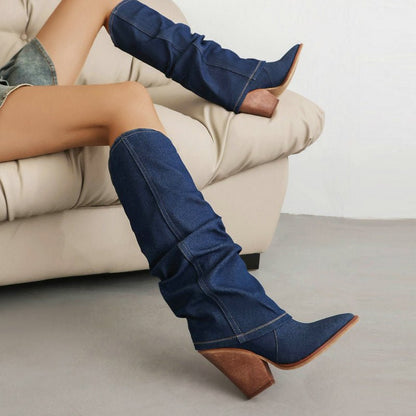 Women's autumn winter retro western cowboy pointed boots thick heel high knight boots - 𝐝𝐮𝐯𝐥𝐚𝐬𝐡𝐨𝐩.𝐜𝐨𝐦