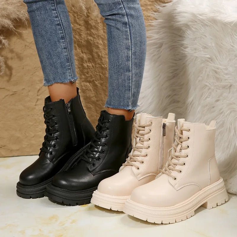 Women's thick - soled boots fashion ladies ankle boots Women's leather round head - lap combat boots black thick solid shoes - 𝐃𝐔𝐕𝐋𝐀𝐒𝐇𝐎𝐏